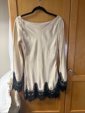 ASOS Cream Long-Sleeve Backless Dress with Black Lace Trim